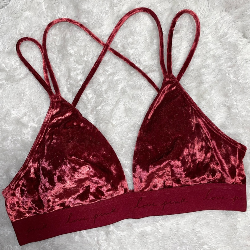 Pink Victoria’s Secret Logo Strappy Criss Cross Velvet Bralette in Maroon
